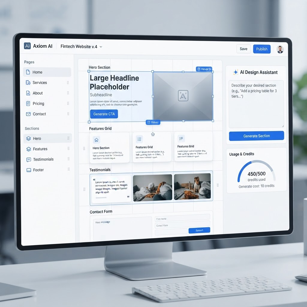 The gridtry AI website builder interface, showing a site being generated on a canvas with an AI prompt panel